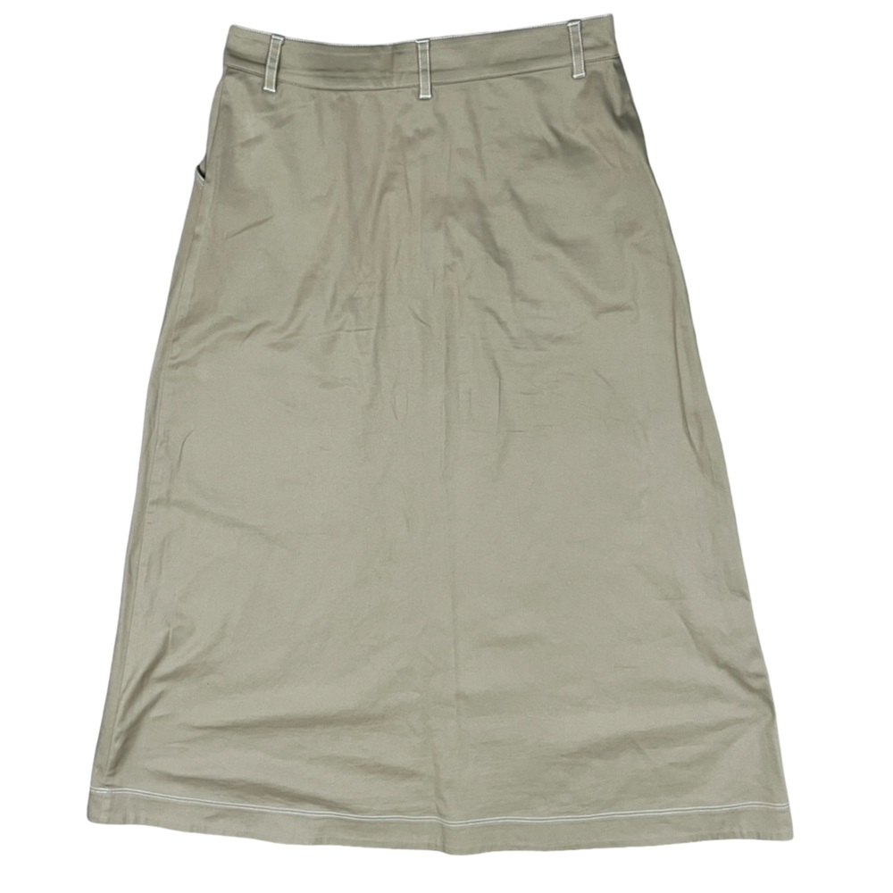 Cotton Khaki Tan A-line Maxi Skirt Elegant White Stitching Old Money Office - Picture 3 of 11